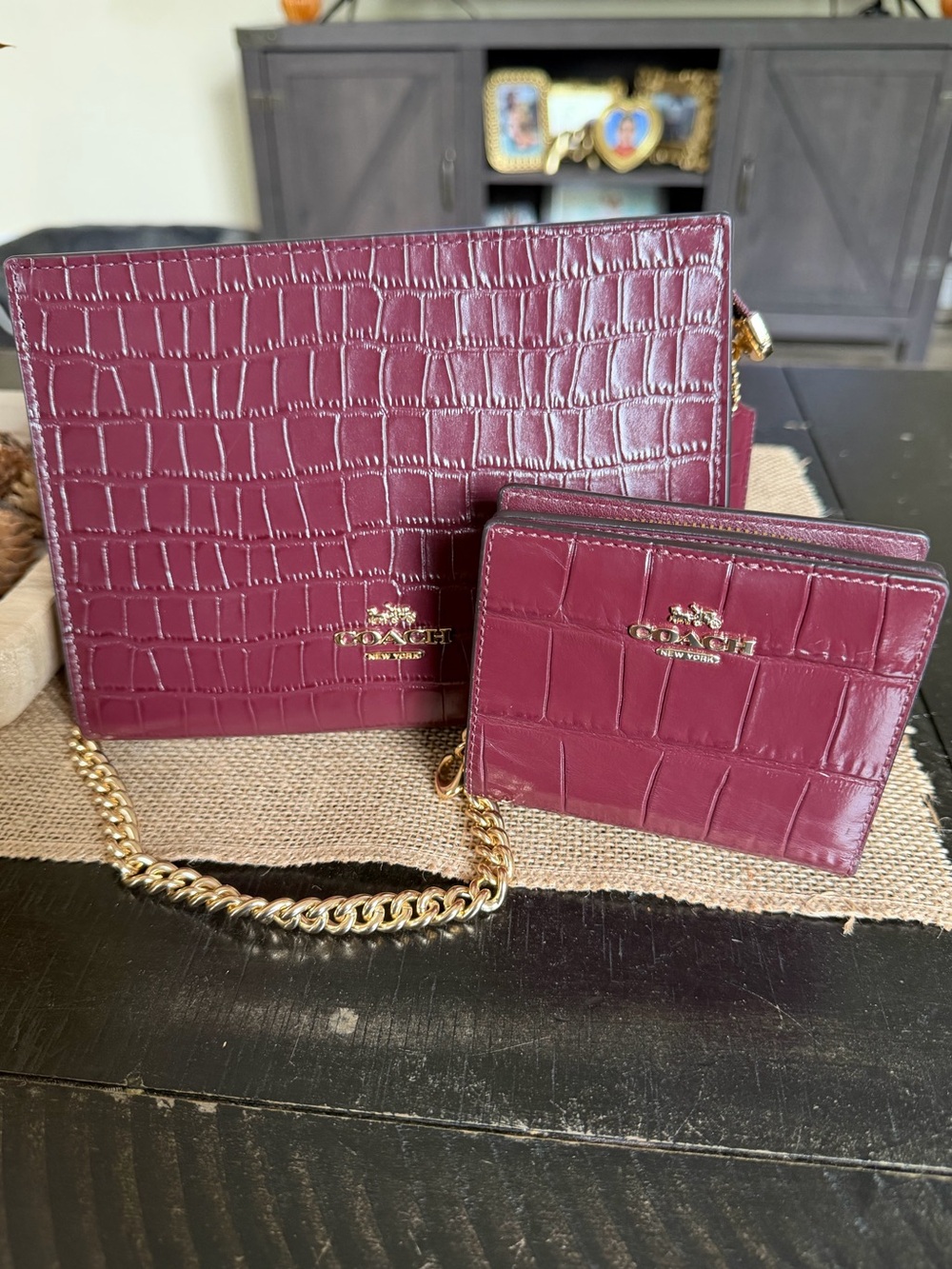 Coach slim bag croc embossed in Merlot with matching croc embossed snap wallet
